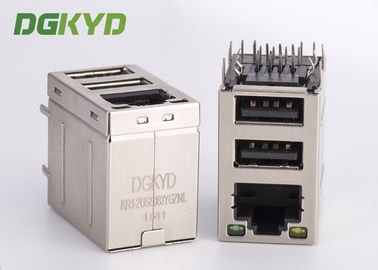 Jaque RJ45 empilhado sobre o conector duplo rj45 combinado de USB da plataforma com o transformador 100Mb