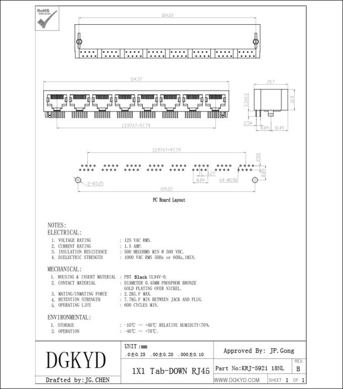 O conector de Pin unshielded alaranjado Jack dos portos Rj45 8 de KRJ -592118NL 8 para ethernet comuta