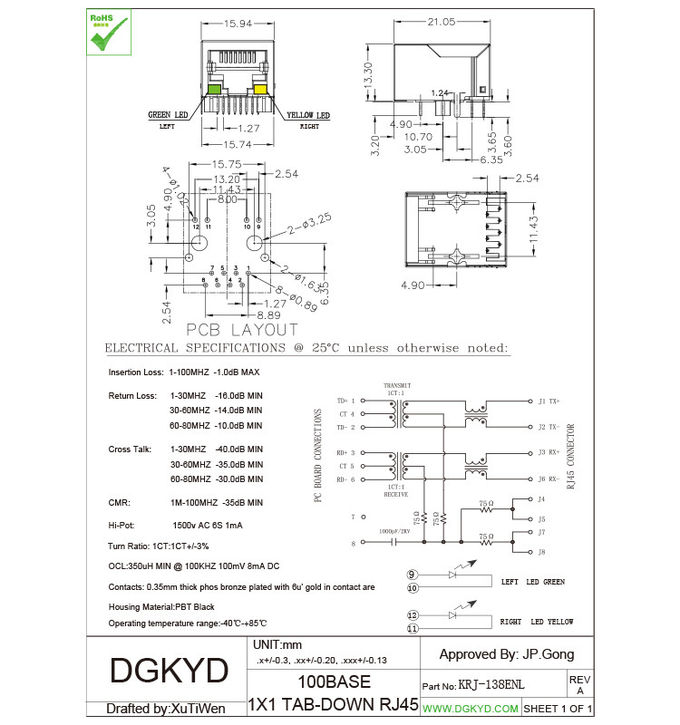 8p8c conector com magnetics interno, Jack registrado 45 do megabit cat6 RJ45 da rede 100