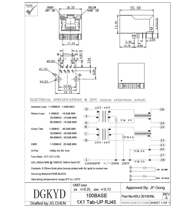 Ethernet Jack modular RJ45 do megabit com transformador integrado, comprimento 25.4mm