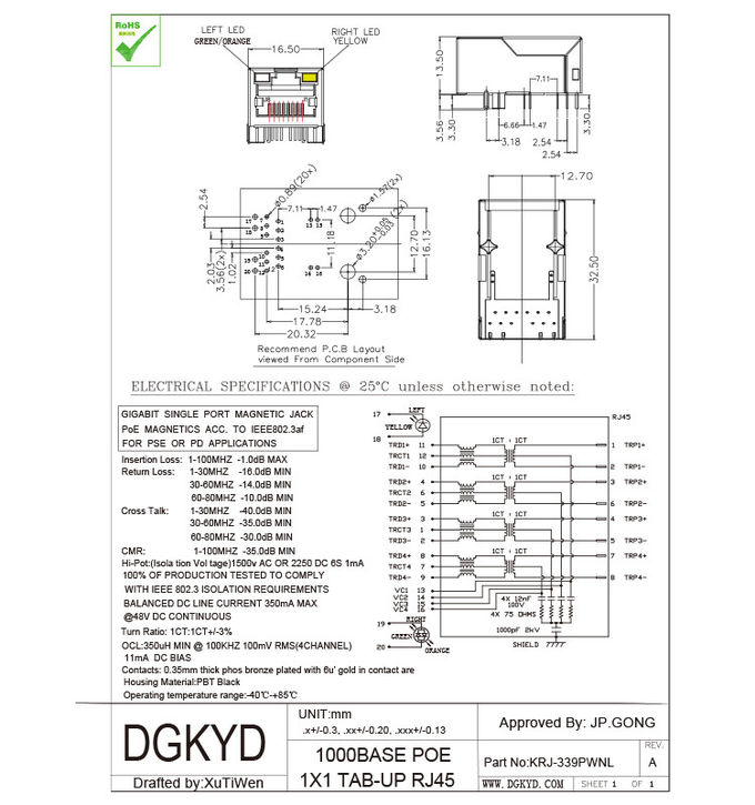 Único Lan Rj45 Jack, ponto de entrada feito sob encomenda do porto 33.0mm do conector 1000BASE micro rj45