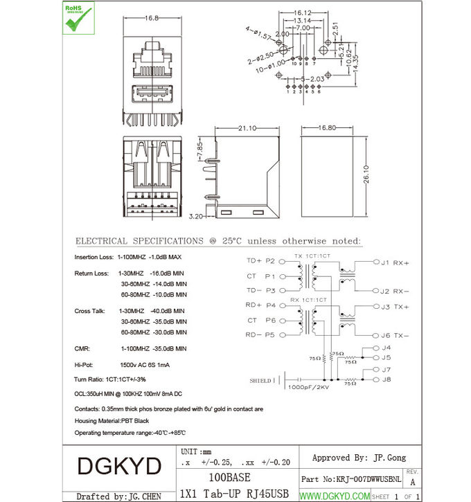 Conector integrado de rj45 USB com 10/100base o transformador, RJ45 sobre o JAQUE USB2.0