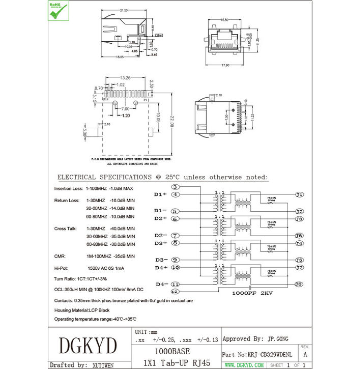 1000 conector extra baixo do perfil baixo rj45 com transformador, 12 pinos SMD