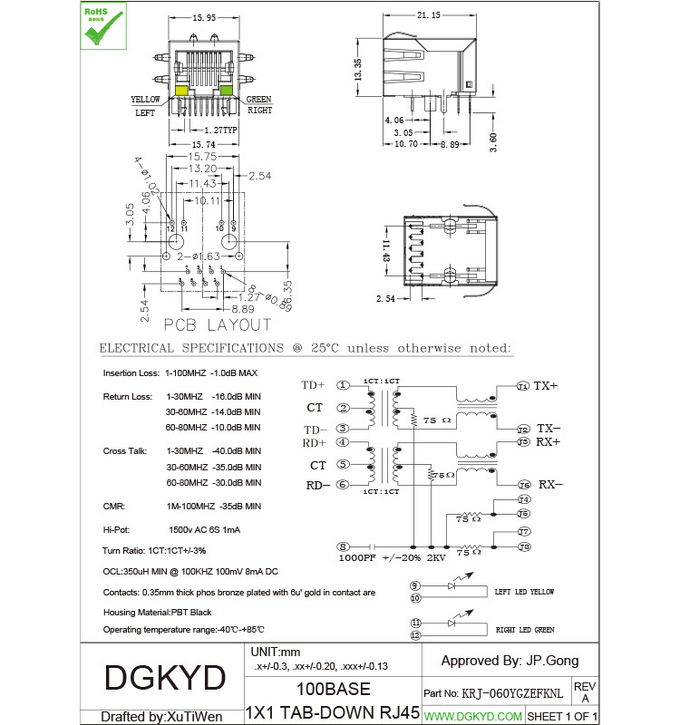 A montagem de superfície protegeu a BASE do conector 100 dos ethernet rj45 do ângulo direito - diodo emissor de luz de TX Y/G