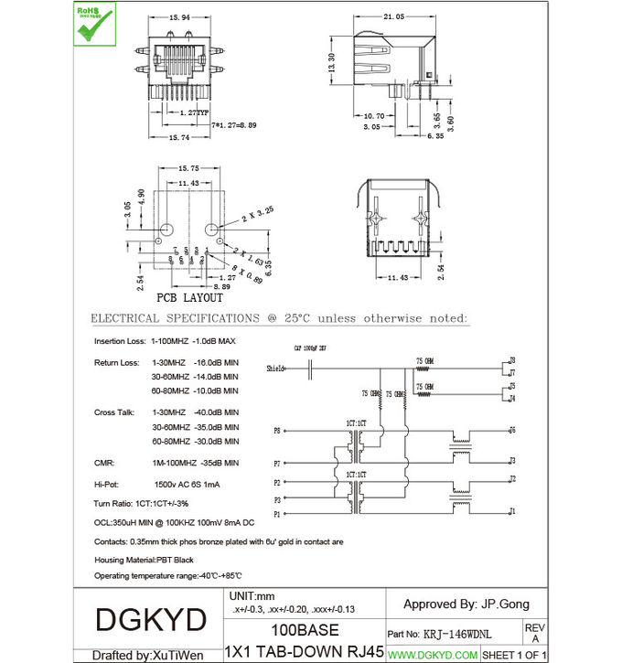 Ângulo direito RJ45 10/100 BAIXO Jack modular com o conector de cabo ethernet do transformador
