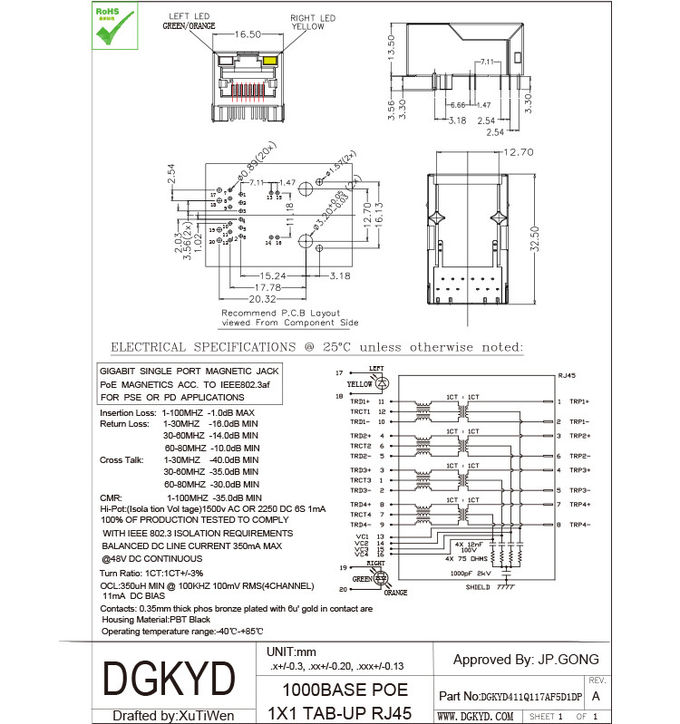 Porto fêmea 1000M PoE+ do conector RJ45 Jack de Gigabit Ethernet o único registrou o jaque