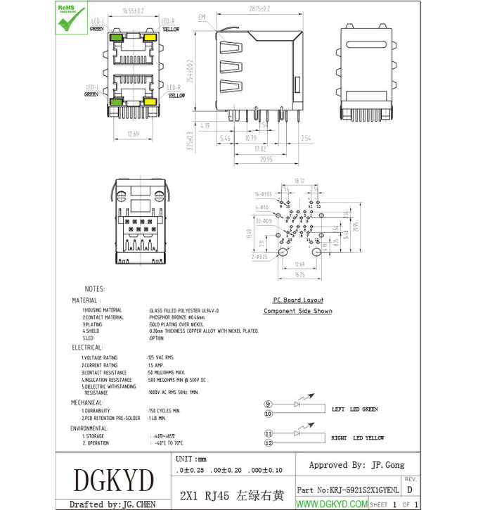 A plataforma dupla 2 move jaques modulares dos ethernet do conector do receptáculo RJ45 com diodo emissor de luz de Y/G