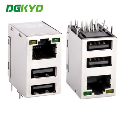 Conector USB RJ45 empilhado de três andares, RJ45 com tomada USB dupla USB2.0 KRJ-USB2YGWTNL