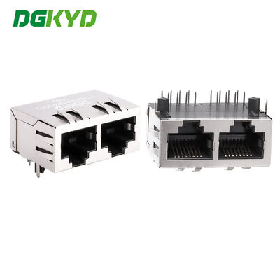 Conector de porta dupla RJ45 sem filtro embutido, sem faixa de luz, pin de blindagem frontal de 4,57 mm DGKYD112B035HWA1D13